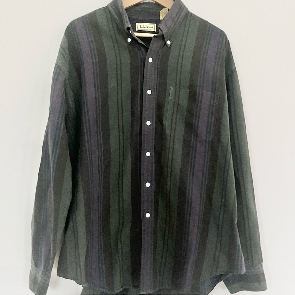 Vintage LL Bean Brush Popper Style Lightweight Striped Button Down Green Blue XL